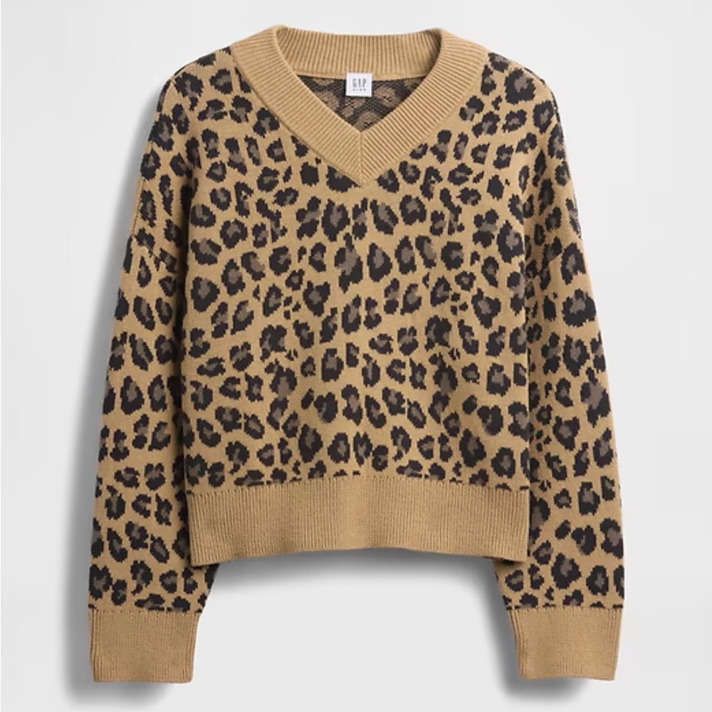 GAP Girl’s Boxy V-neck Animal Print Sweater - Cheetah Brown Size Small 6/7